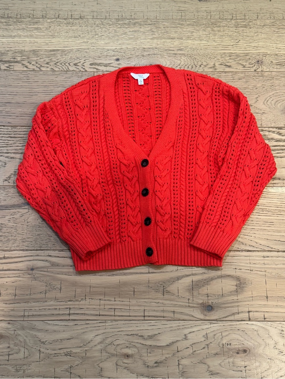 Time and Tru Red Cable Knit Pointelle Cardigan Sweater Size Small 4-6